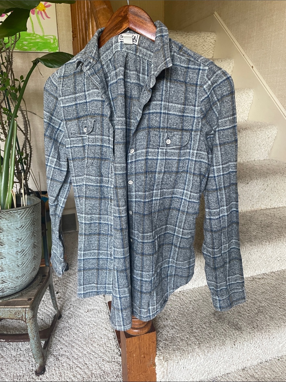 Woolrich Organic Cotton Gray Blue Plaid Button-Up Shirt